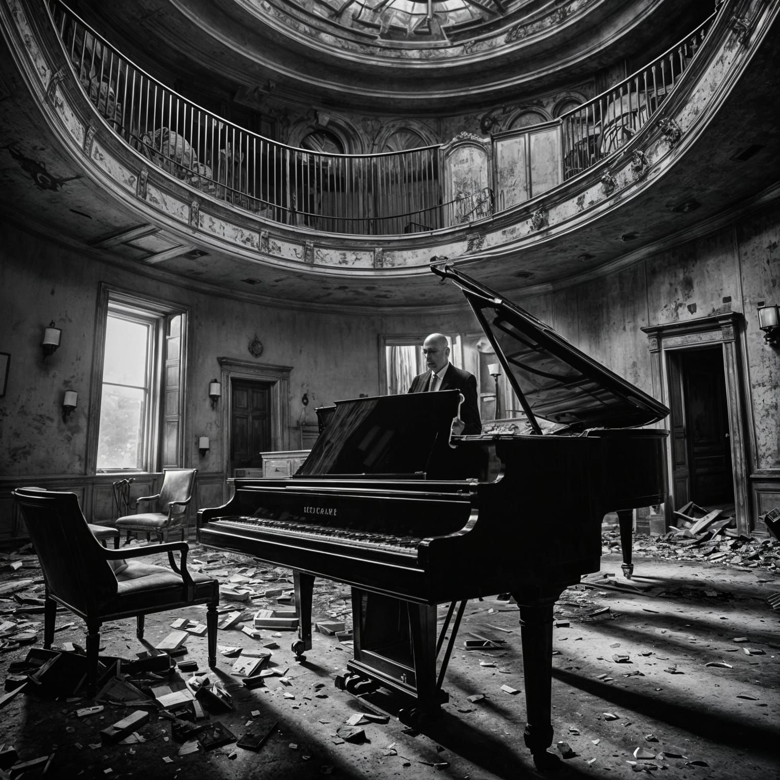 Ominous Abandoned Hotel Lobby in Black and White