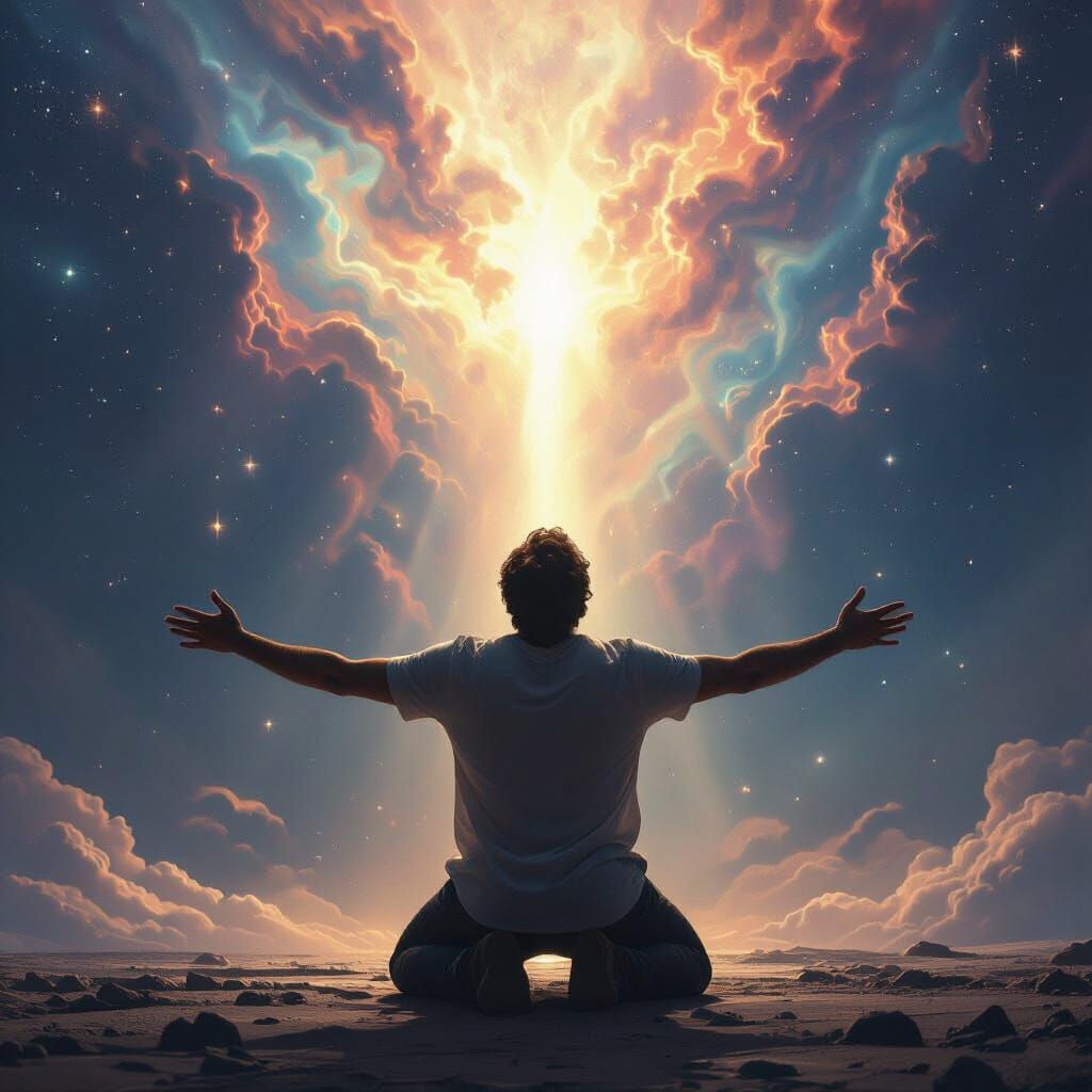 Devout Man Kneels Before Divine Light in Epic Matte Painting