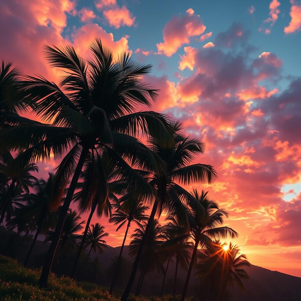 Maui Sunset Palm Trees in Hyperrealistic Splash Art