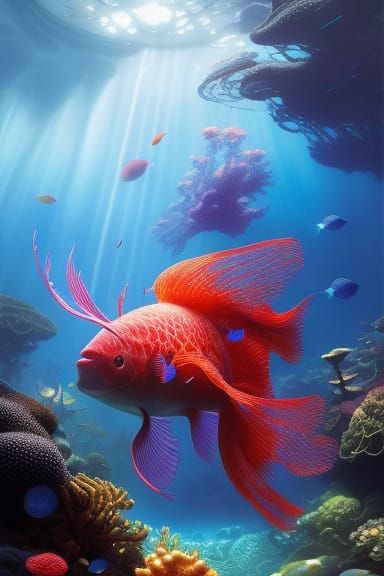 Octopus Meeting in Underwater Atlantis, Digital Illustration