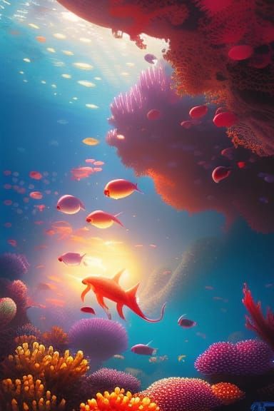 Red and Blue Octopuses Meeting in Underwater City