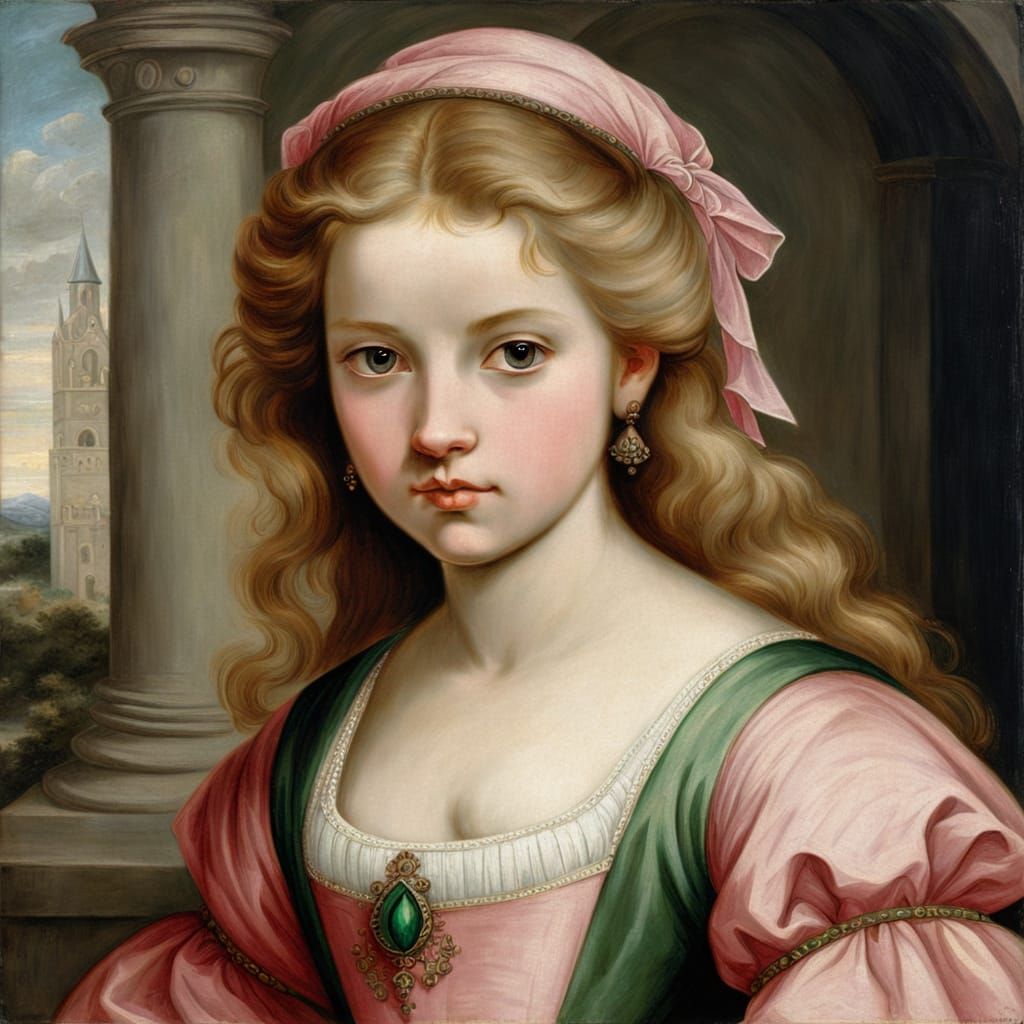 Medieval Girl in Pink Gown at Castle