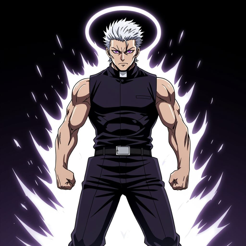 Muscular Anime Priest with Purple Eyes and White Hair