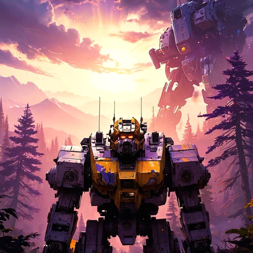 Battletech Mech Fight in Purple Forest