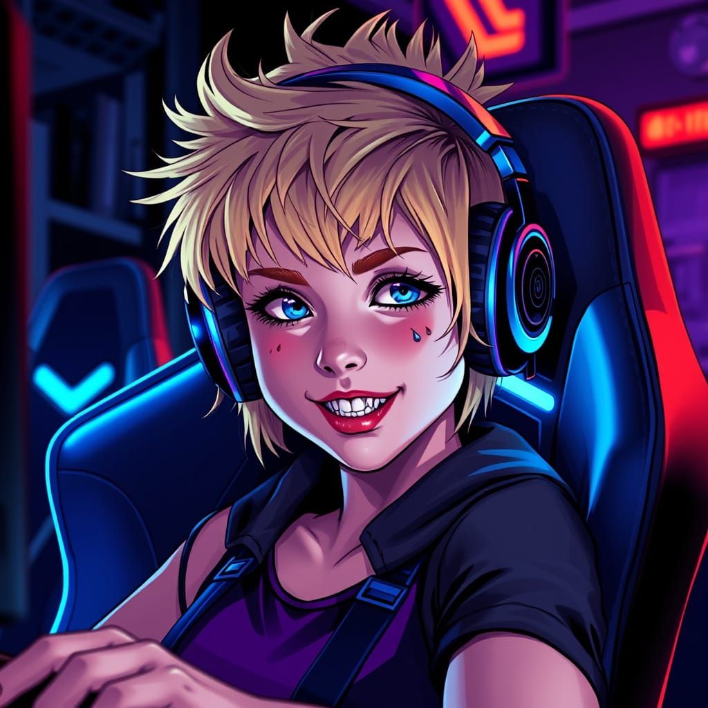 Girl Gamer in High-Tech Gaming Setup with Blue Glow
