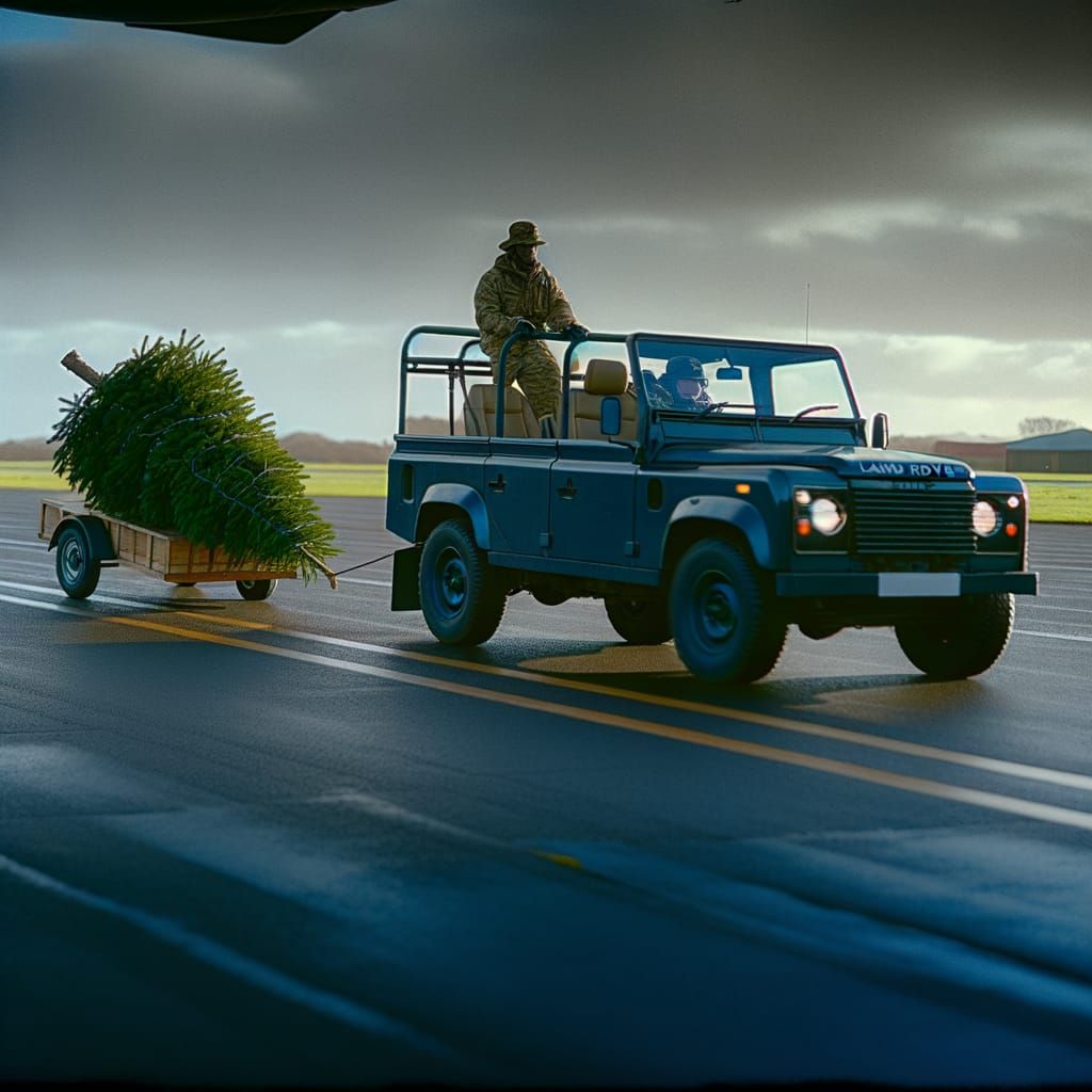 RAF Airman Drives Decorated Christmas Tree on Runway