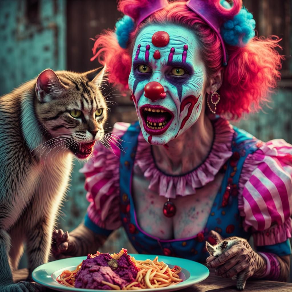 Zombie Monkey Clown Eating Cat in Synthwave Style