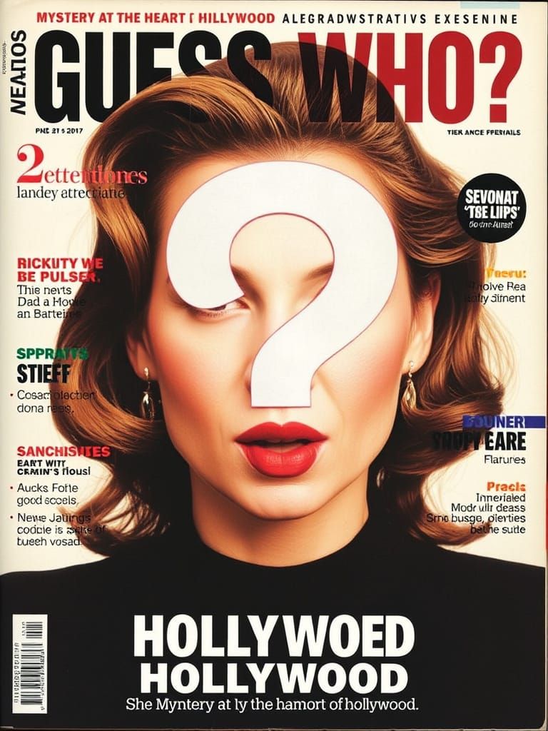 Magazine cover a woman's face covered by a large question mark - lettering 'Guess Who?
Mystery at the heart of Hollywood...