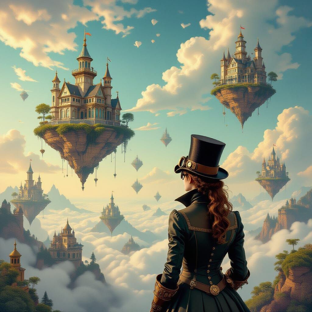 Surreal Steampunk Landscape with Floating Islands
