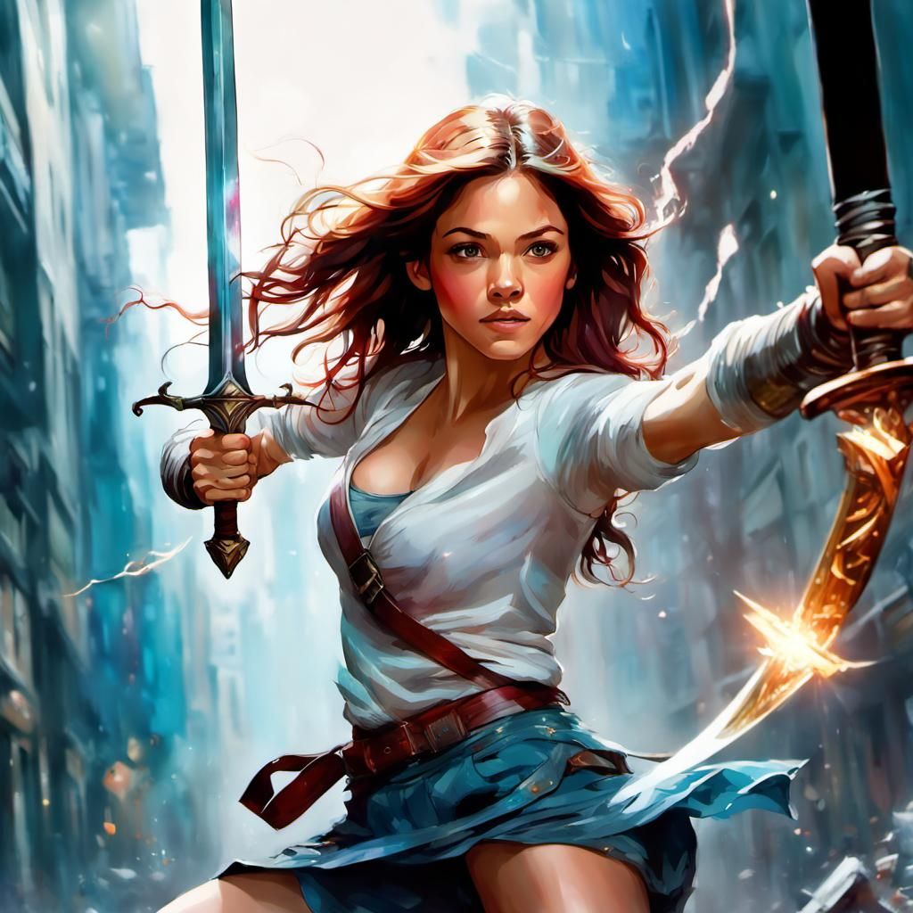 Red-Haired Warrior with Glowing Sword, Mixed Media Style