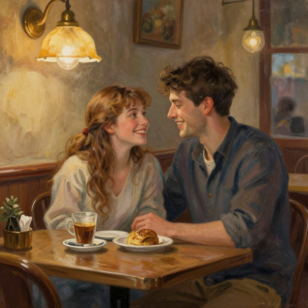 Joyful Couple in Cozy Cafe, Impressionist Style