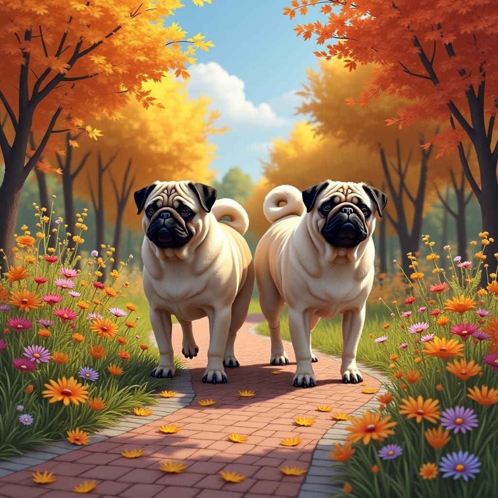 Pugs on Autumn Path in Old Masters Style