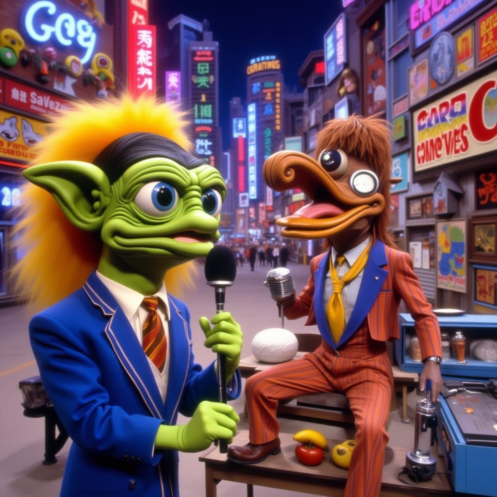 News Reporter Interviews Alien in 80s Cartoon Style