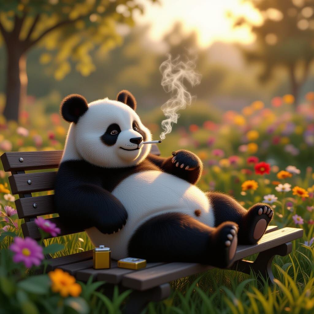 Panda Lounging in Overgrown Garden, 3D Rendered