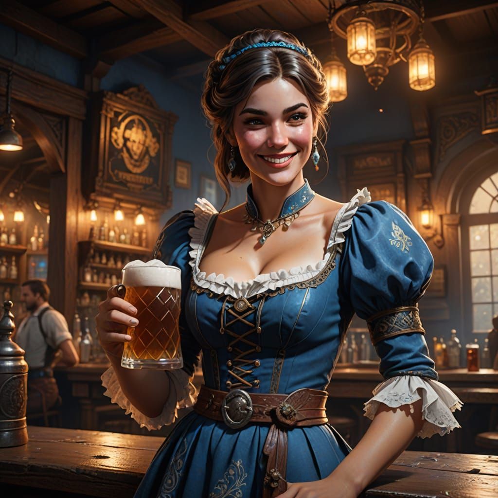 Stunning Fantasy Barmaid Serves Beer in Vibrant, Golden Ligh...