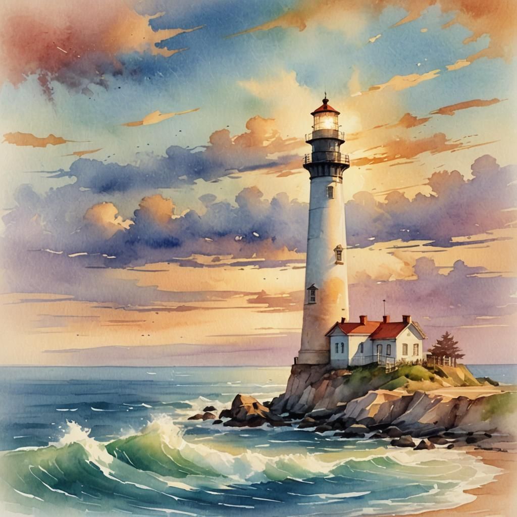 Dreamy Watercolor Lighthouse at Sunset
