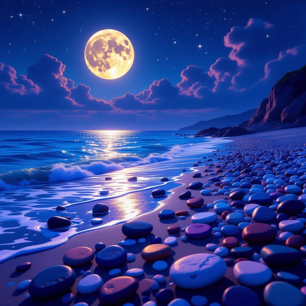 Moonlit Ocean Shores with Colourful Pebbles