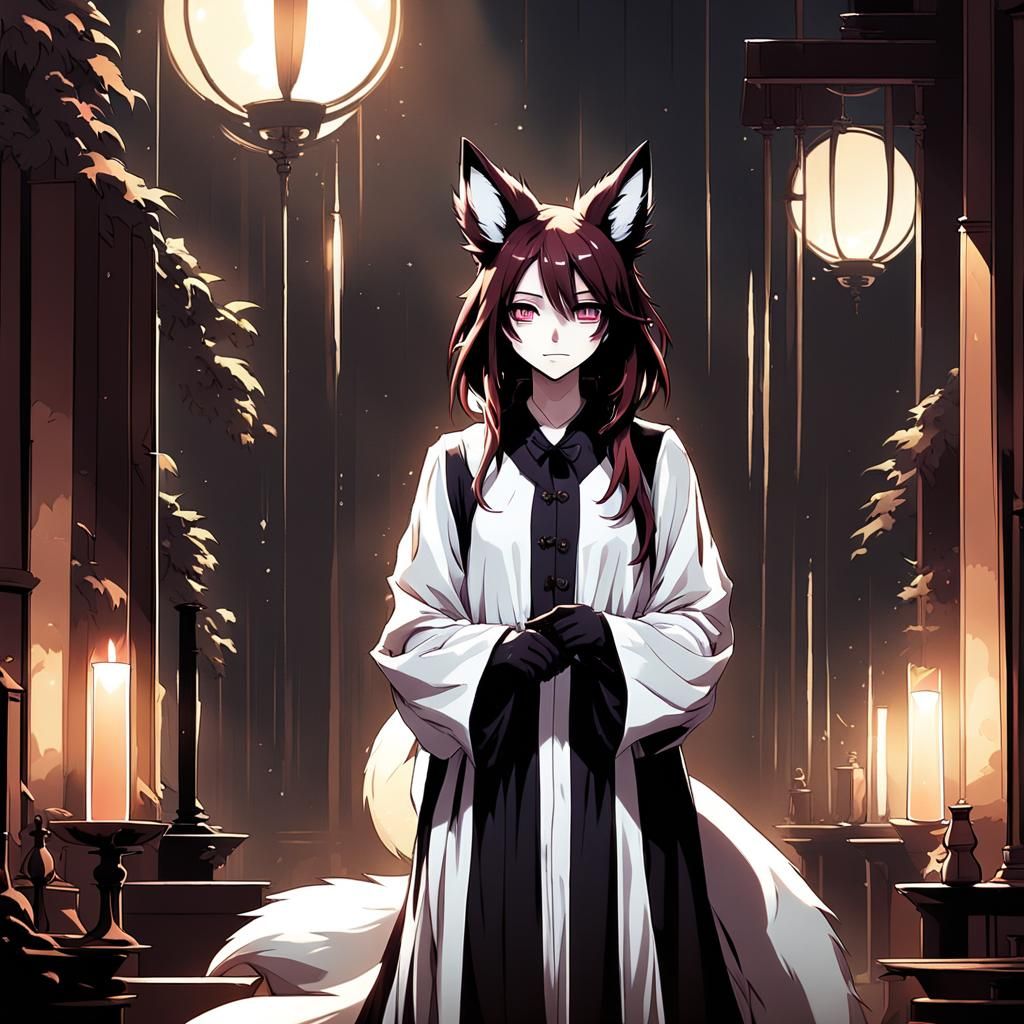 Anime Fox Girl in Dimly Lit Room