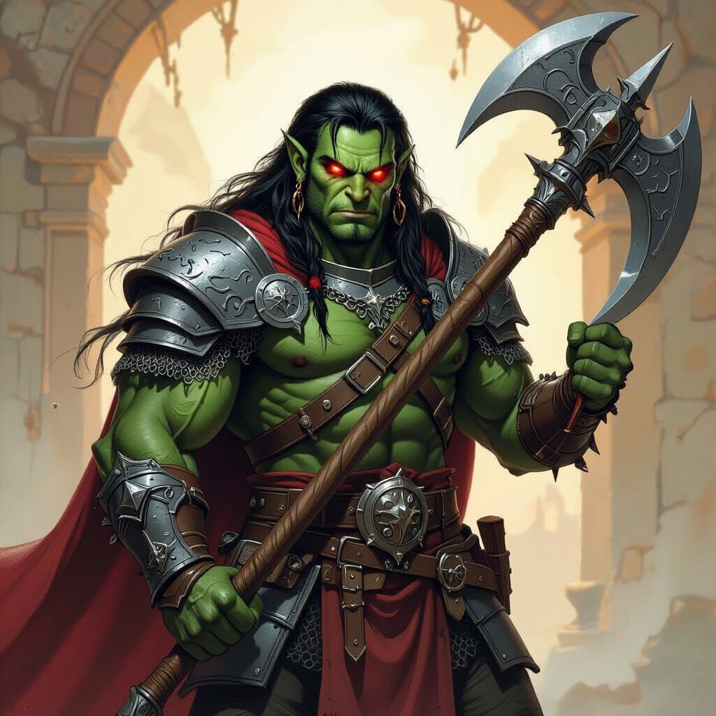 Half-Orc Paladin with Glaive in Fantasy Art Style