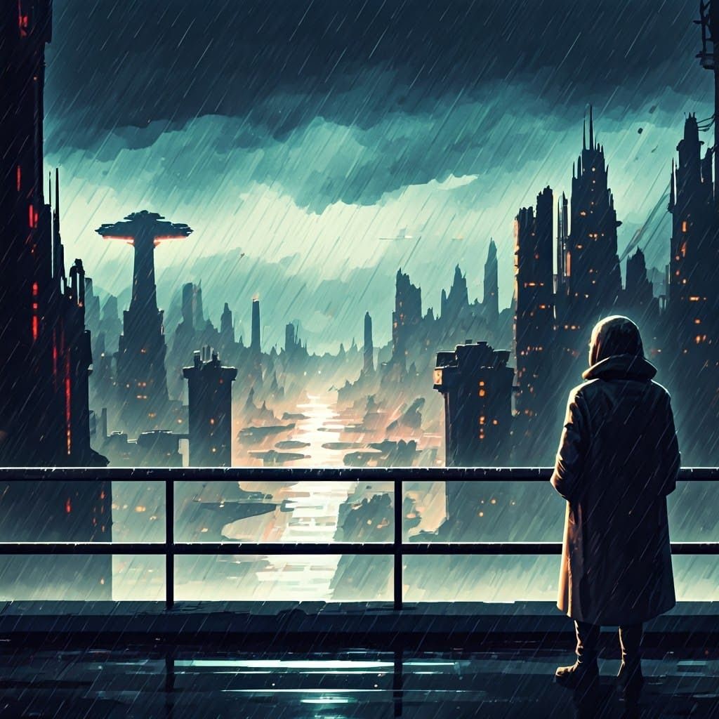 Cyberpunk Cityscape in Melancholic Watercolor