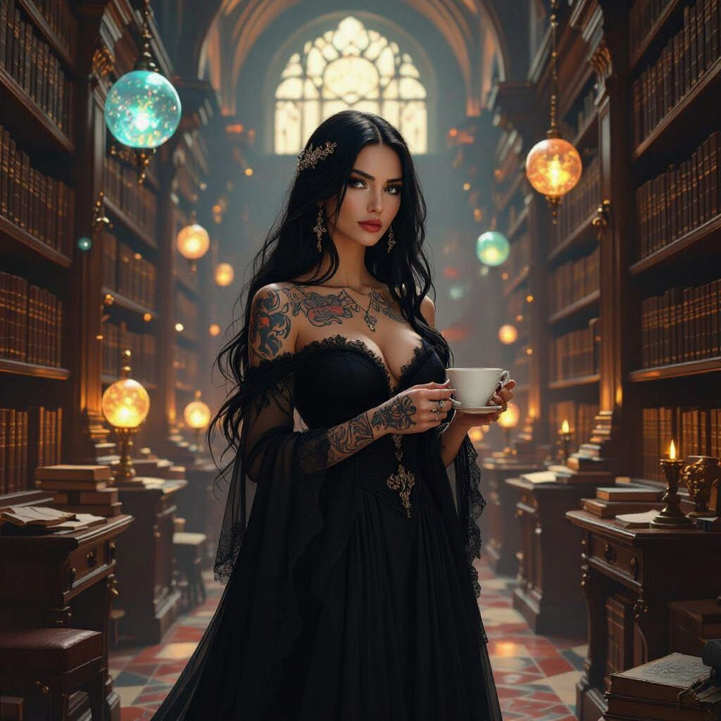 Woman in Gown Holds Coffee in Ancient Library
