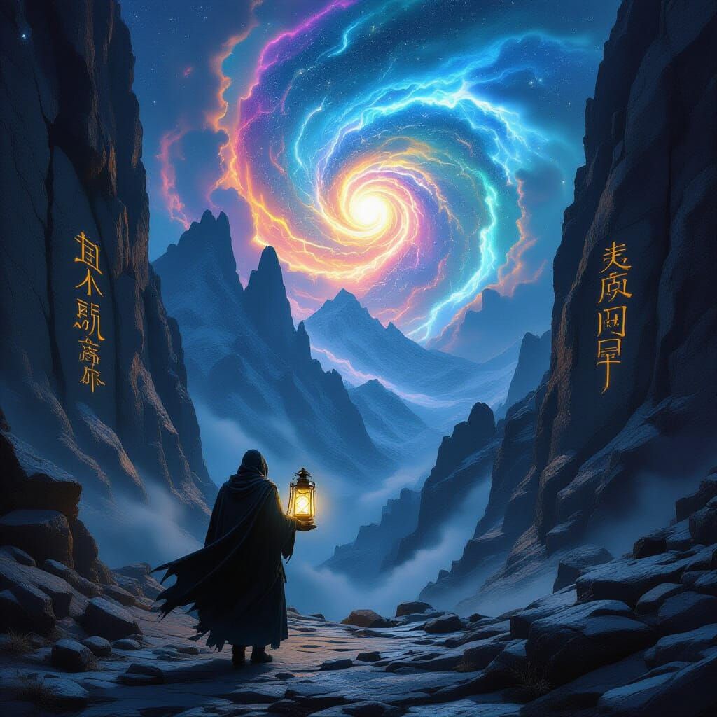 Mystical Traveler Navigates Cosmic Mountain Pass