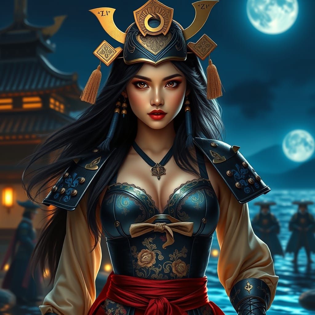 Hyperrealistic Filipina Warrior in Samurai Armor and Elegant...
