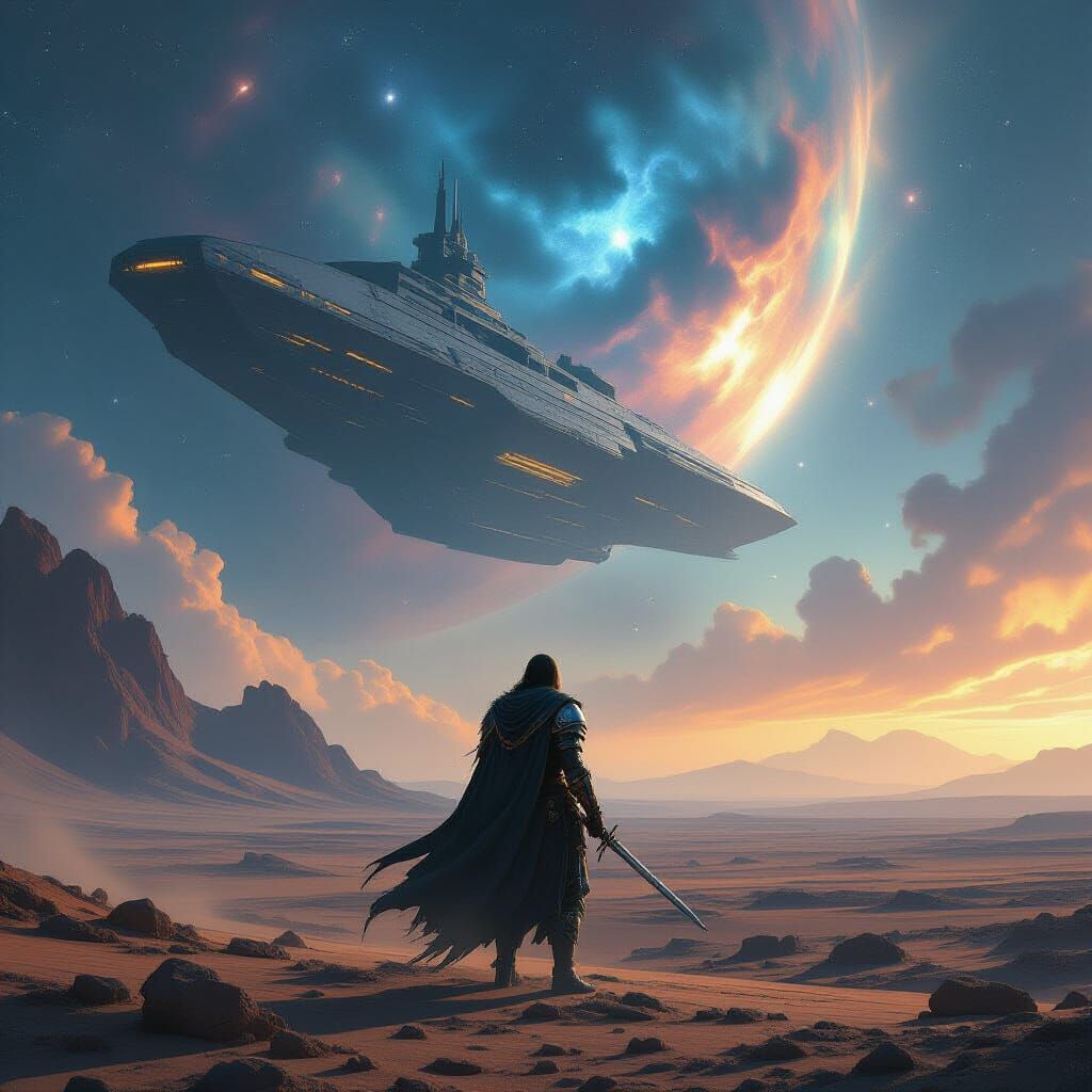 Warrior Gazes at Spectral Ship Under Cosmic Sky