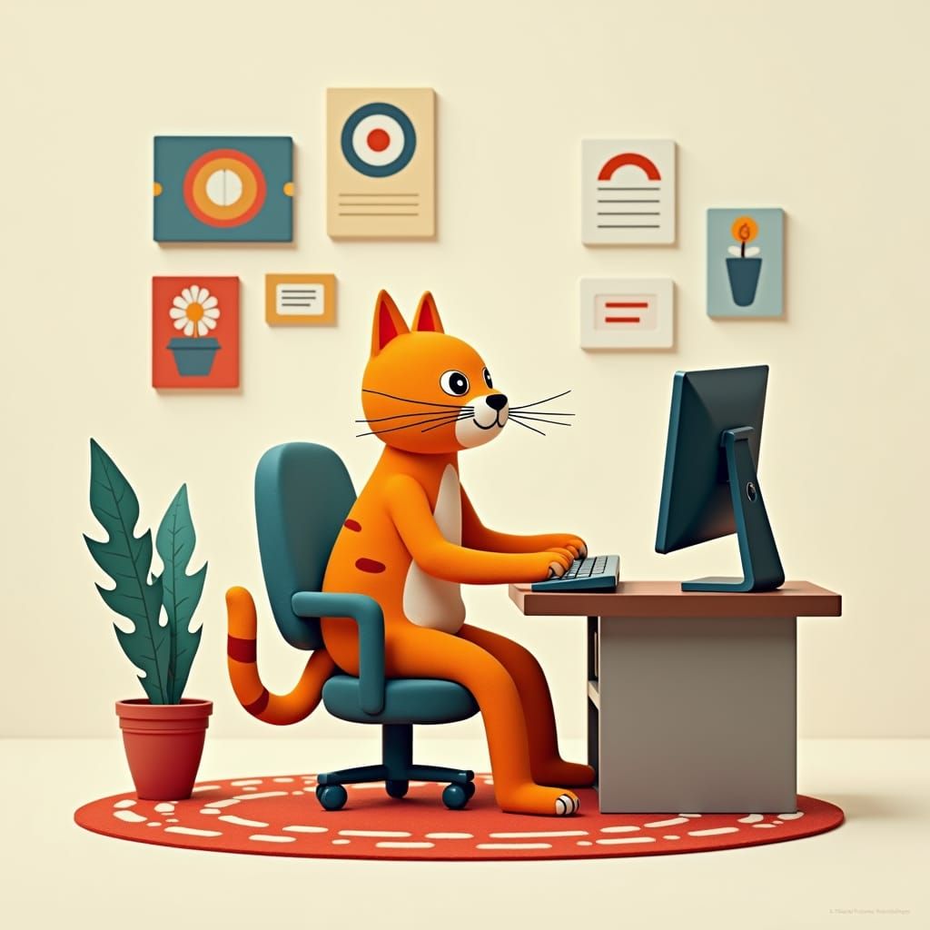 Cat Programmer Desk in Felt Design Style
