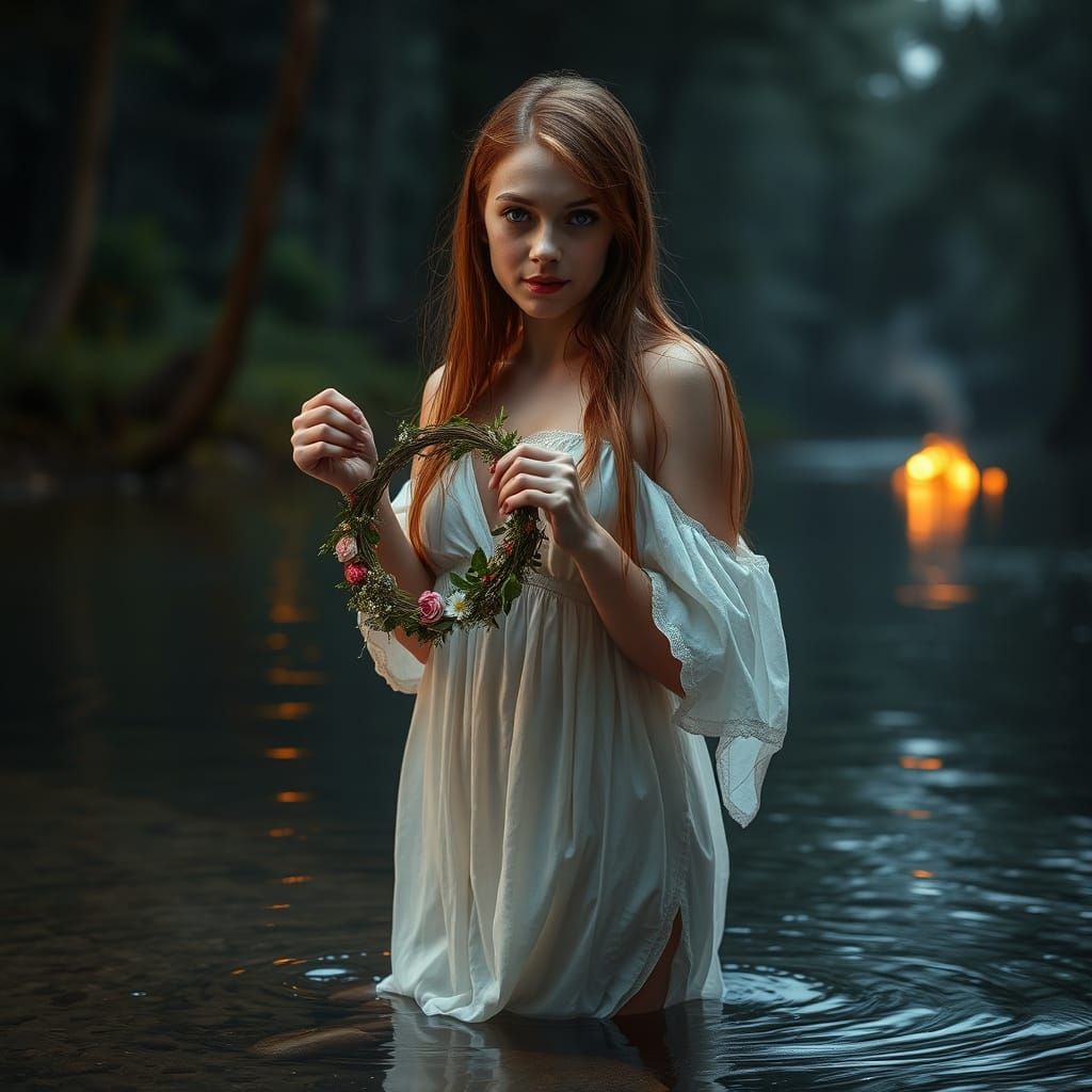 Ethereal Slavic Woman in Forest River at Night