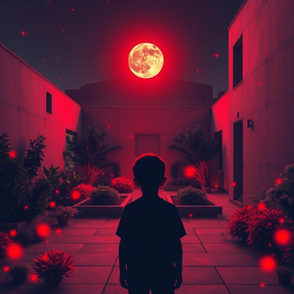 Brutalist Courtyard Garden with Boy and Red Moon