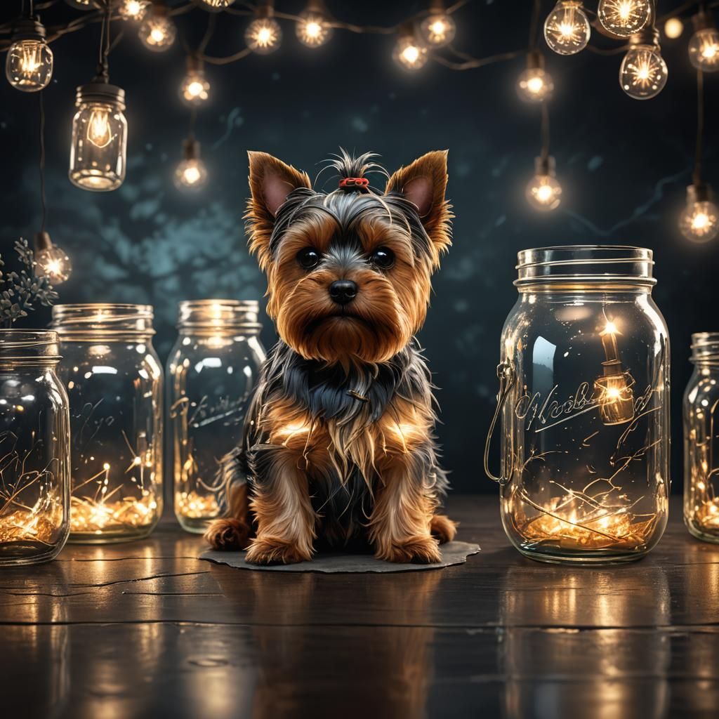 Yorkshire Terrier with Jar Reflection, Fantasy Art