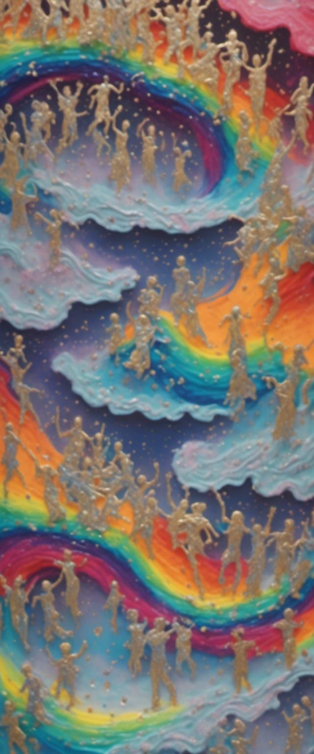 Rainbow Tornado Emerges from Dancers in Acrylic Style