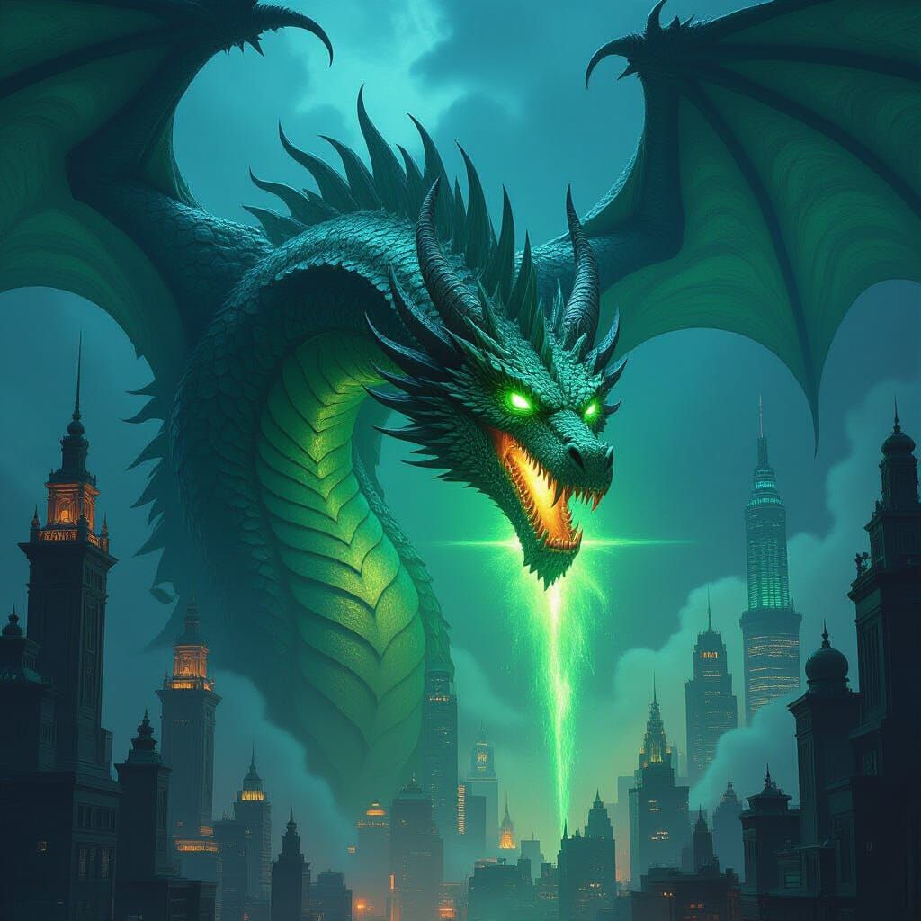 Bioluminescent Dragon Descends on Cyberpunk Cityscape