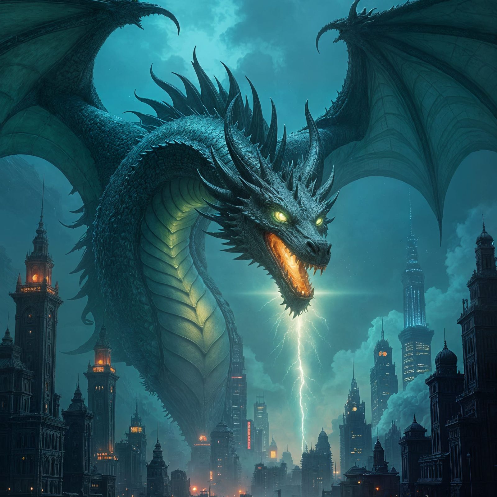 Bioluminescent Dragon Descends on Futuristic Cityscape