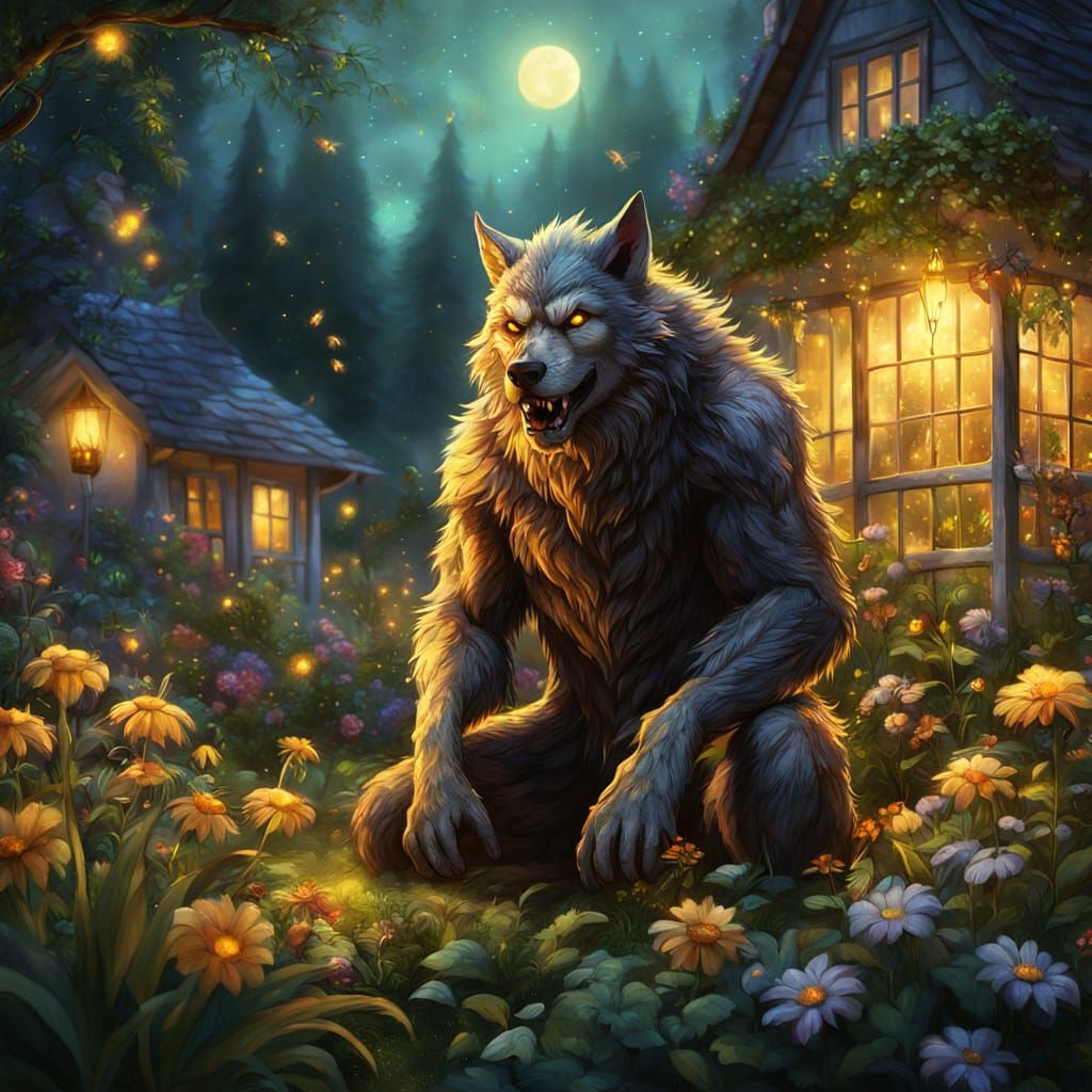 Whimsical Werewolf Gardener in Fantasy Art Style