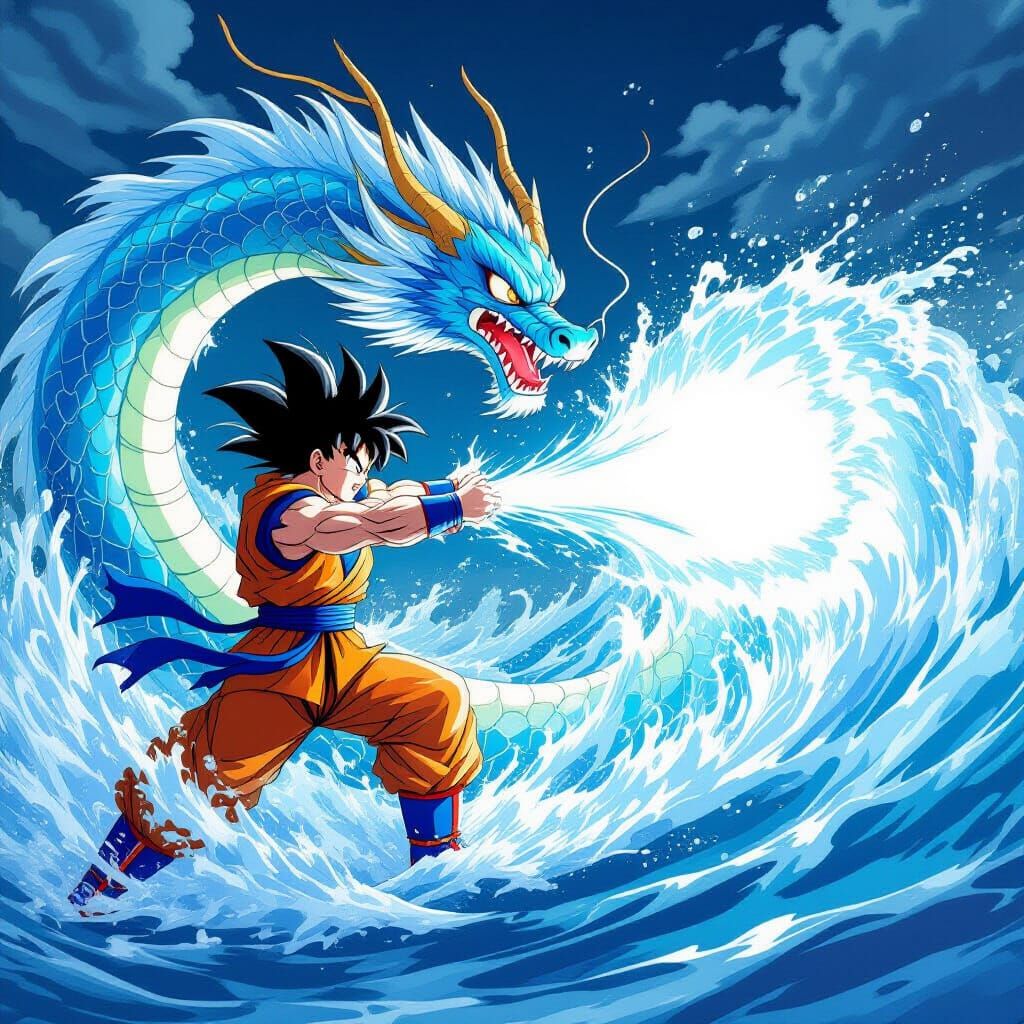 Goku Unleashes Water Kamehameha at Dragon