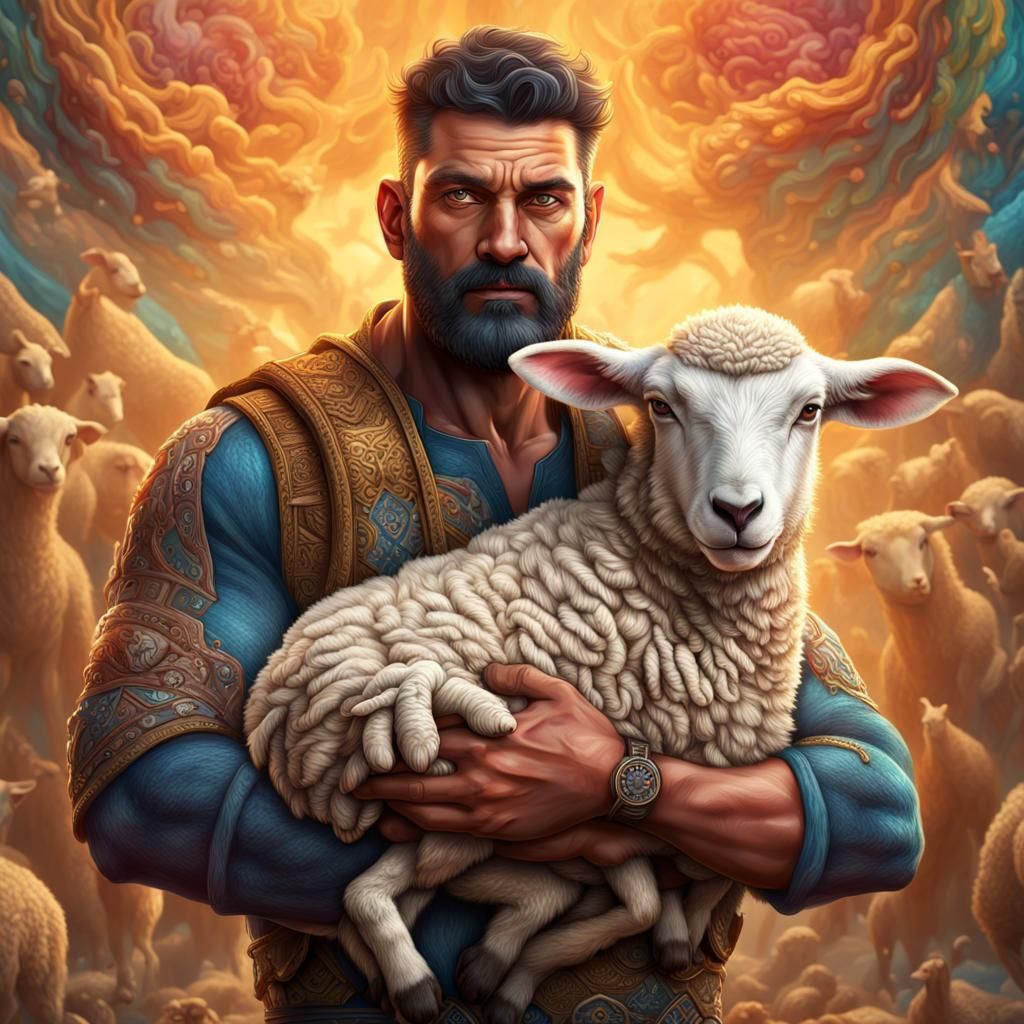 Detailed Image of Strong Man Holding Lamb