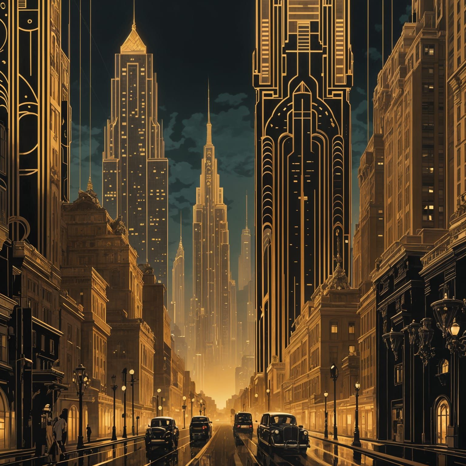 Art Deco Cityscape at Dusk in Gold and Black