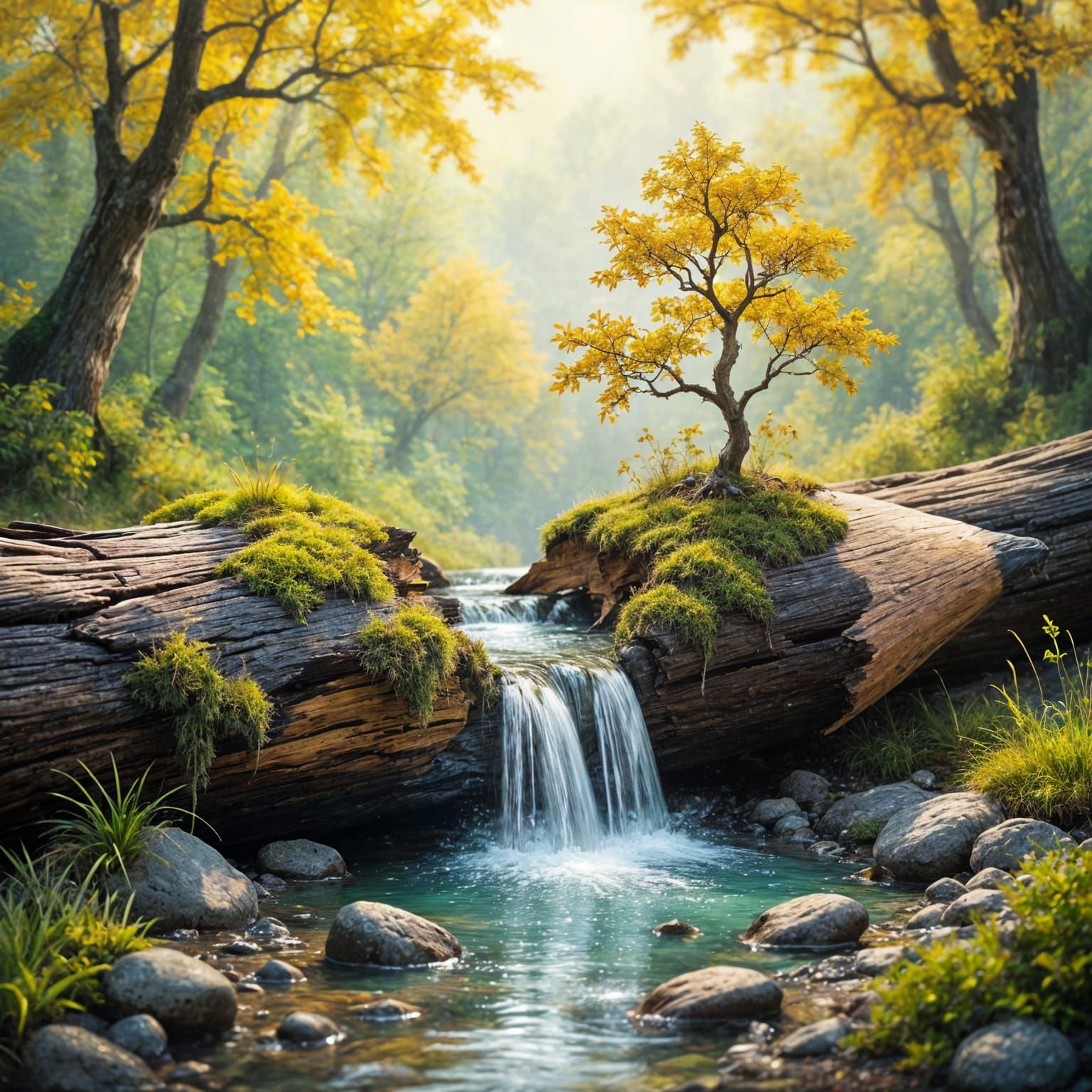 Surreal Artwork: Giant Pencil Waterfall in Mossy Landscape