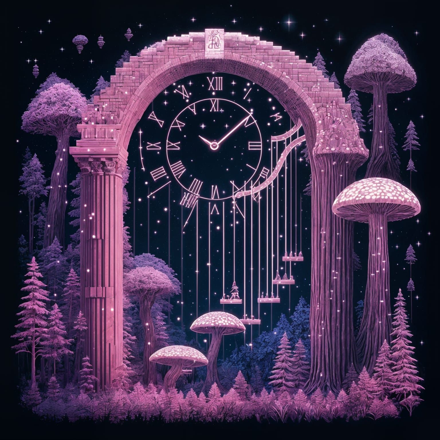 Mystical Night Forest with Ancient Stone Arch and Vibrant Co...