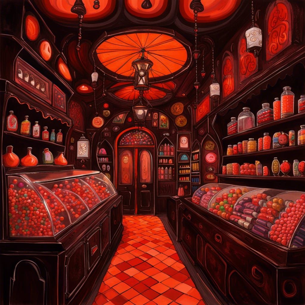 Gothic Candy Store Interior in Retrofuturist Style