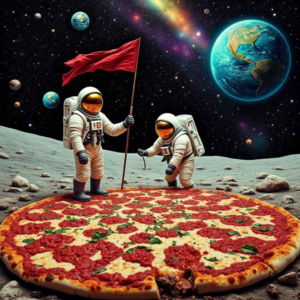 Surreal Moon Landscape with Astronauts and Glowing Pizza