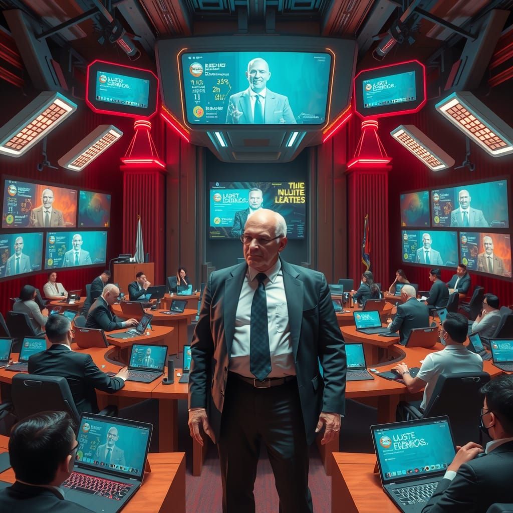 Futuristic Leader in Cyberpunk Dystopian Chamber