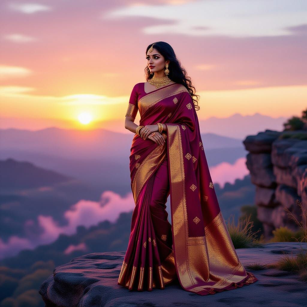 South Indian Woman in Silk Saree at Golden Hour