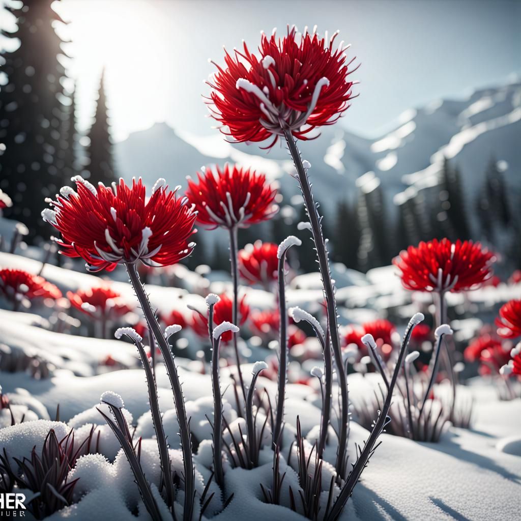 Monochrome Red Flowers in Snowy Landscape, 3D Render