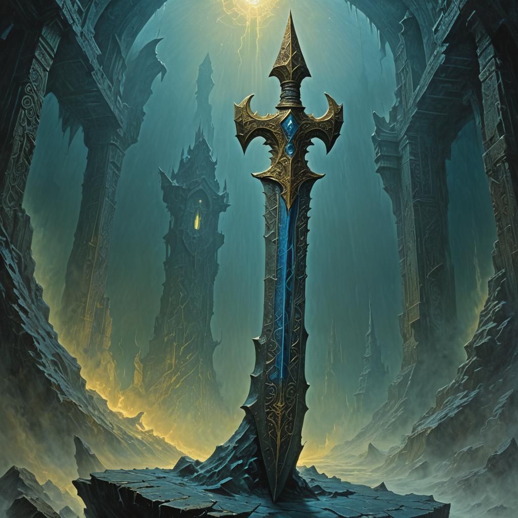 Ornate Halberd in Misty Chamber, as Surreal Oil Painting