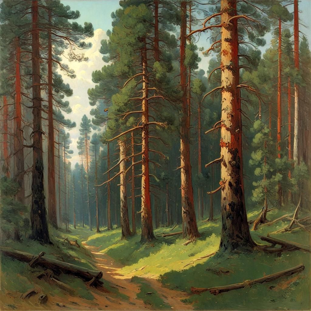 Pine Forest Painting in Neo-Impressionistic Style