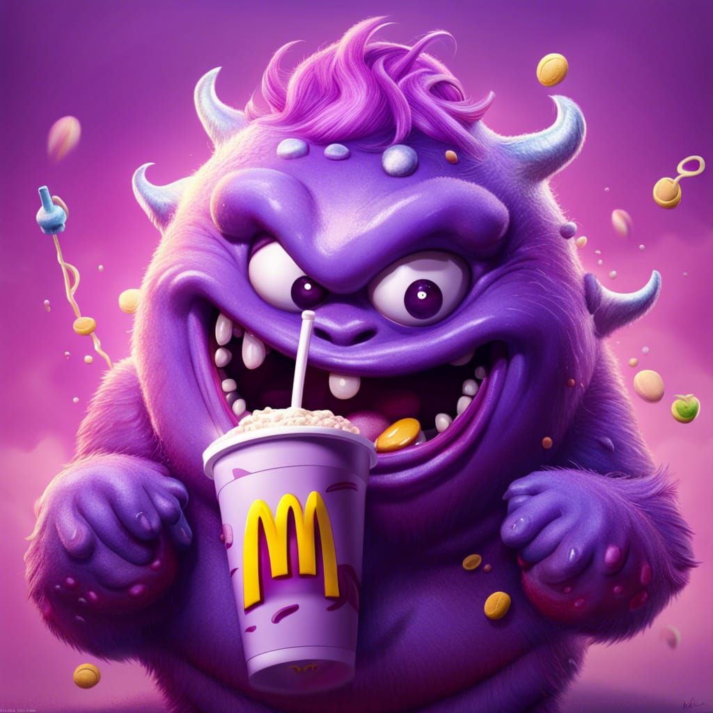 Hyperrealistic Grimace Monster with McDonald's Shake