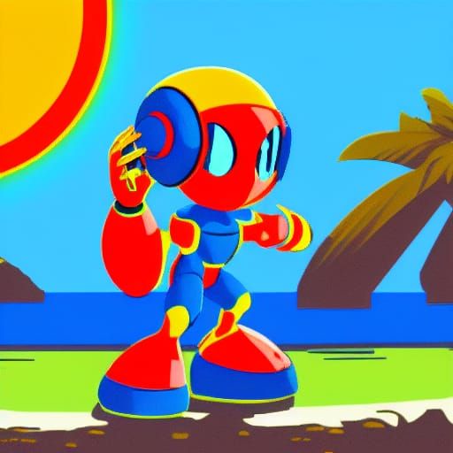 Mega Man X on Tropical Beach at Sunset